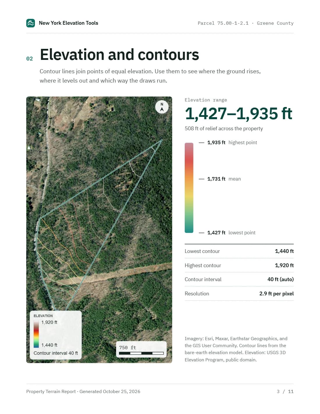 Page 3 of the sample report: Elevation and contours