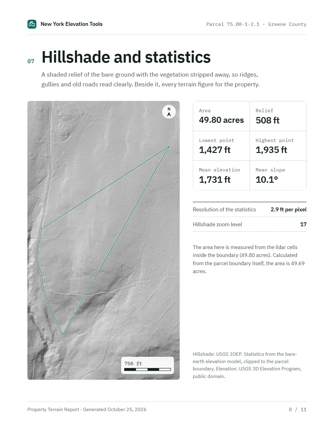Page 8 of the sample report: Hillshade and statistics