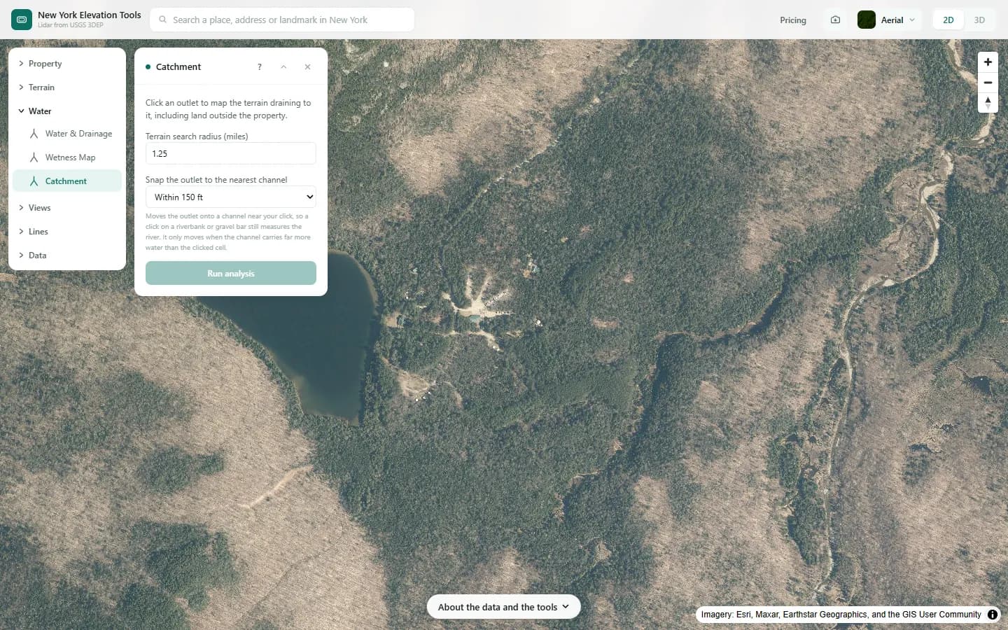 The Catchment panel with the search radius and outlet snapping settings