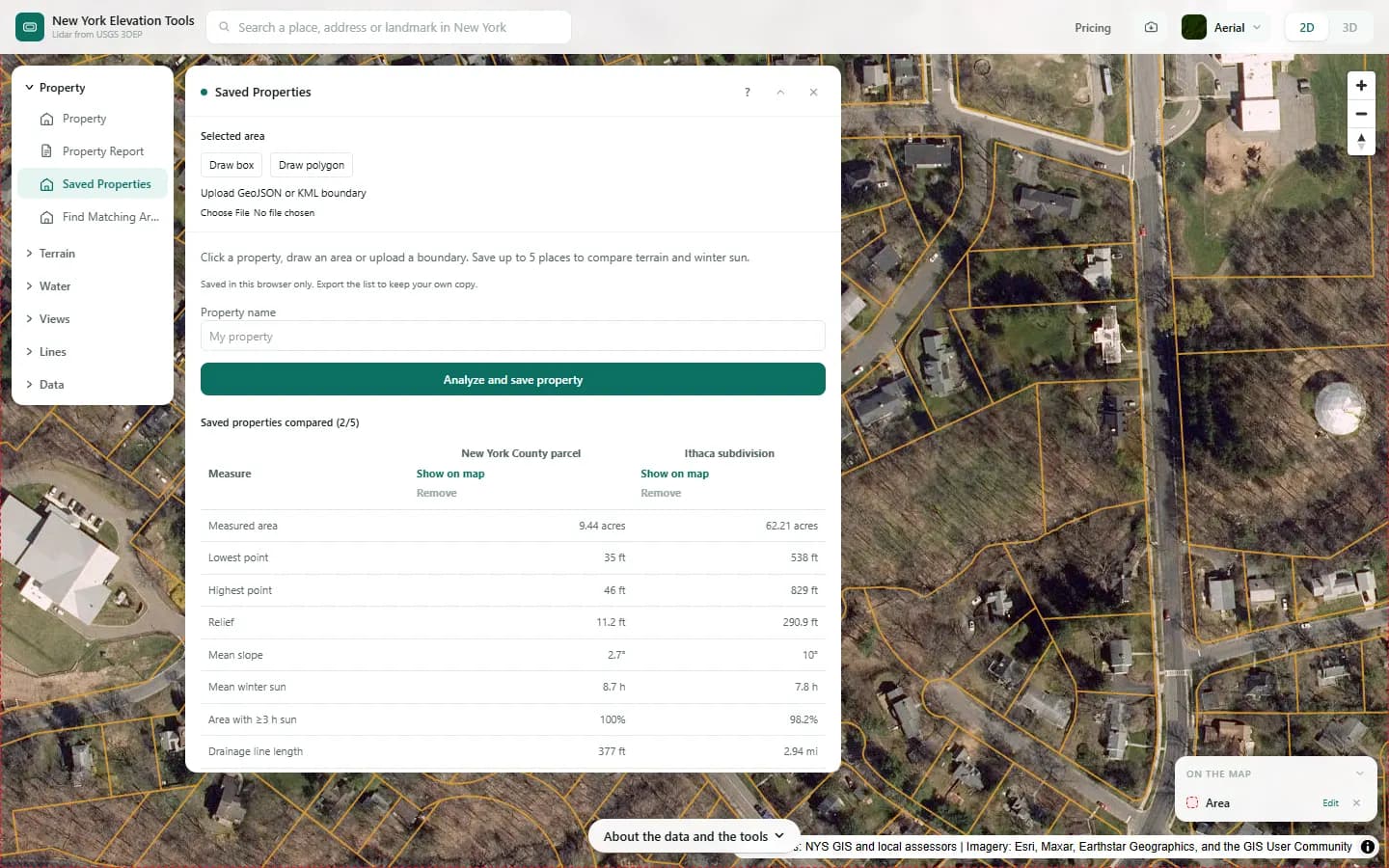 The comparison table for the New York County parcel and the Ithaca subdivision area