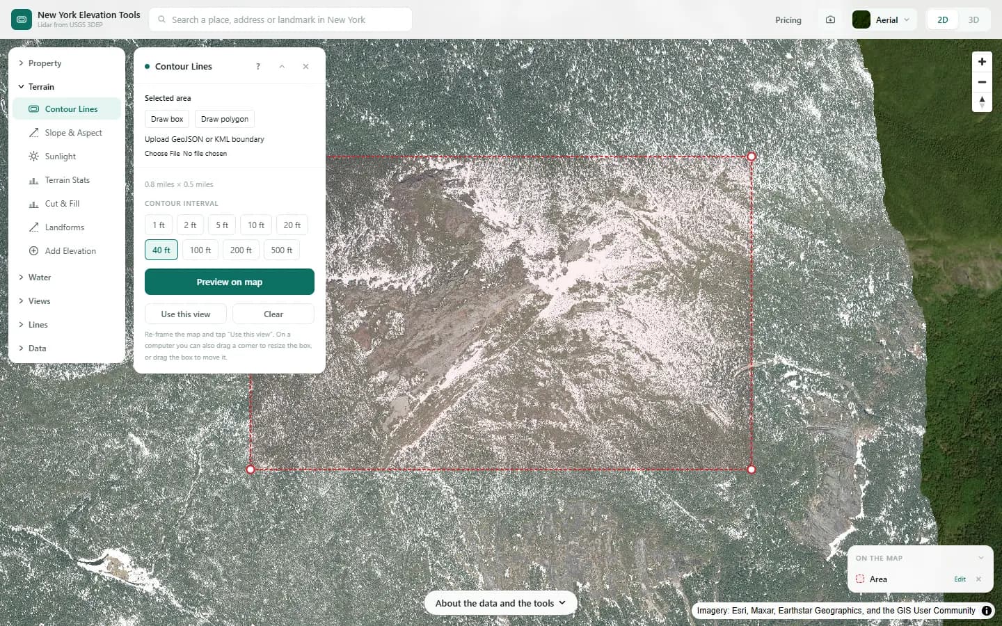 The Contour Lines panel with an area over the Mount Marcy summit area and the interval picker