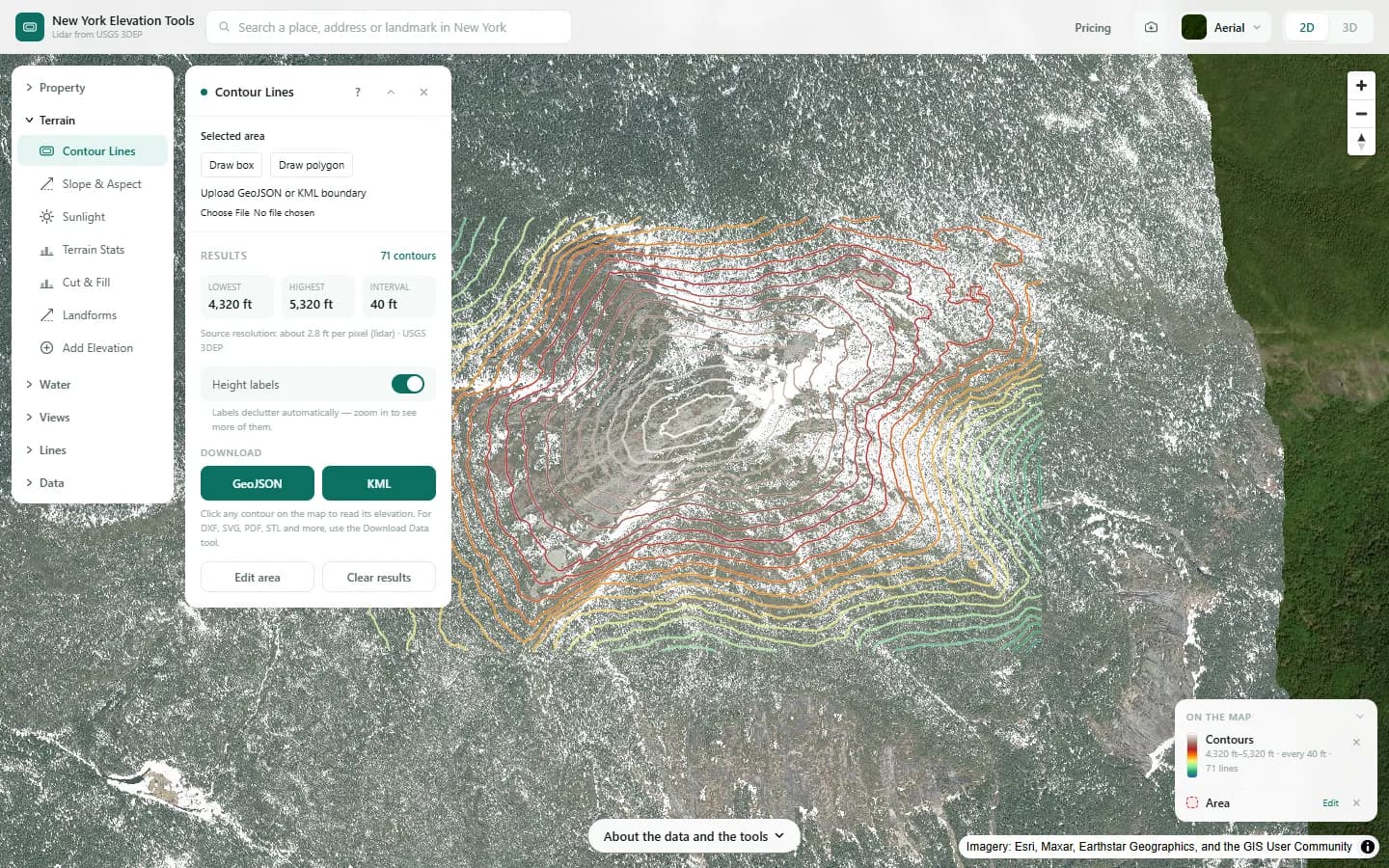 Colored contour lines across the Mount Marcy summit area