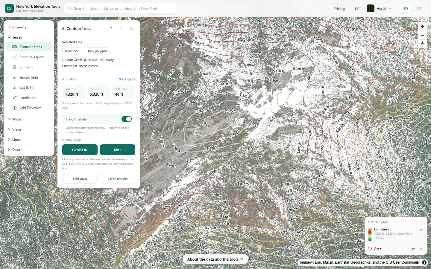 A close-up of contours bunching on the steep slopes in the example area