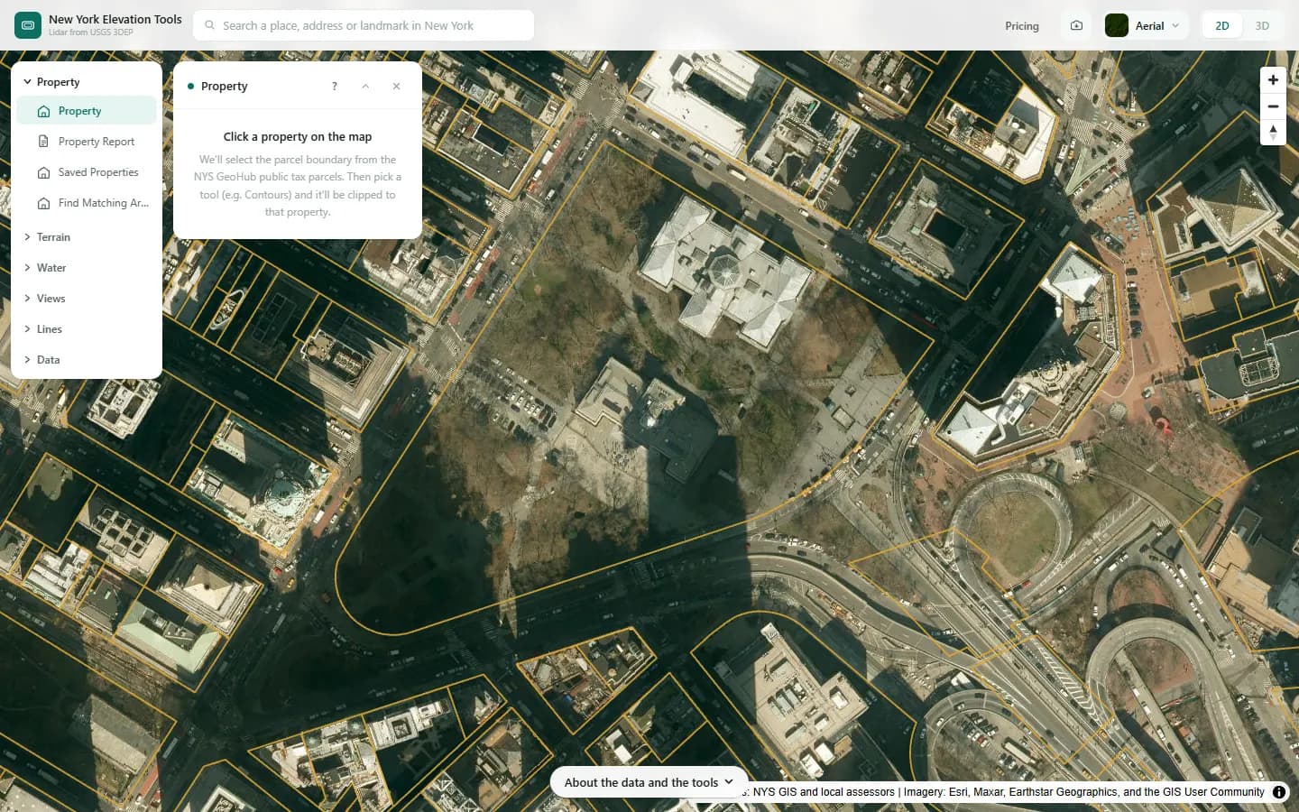 The Property tool open over New York County, asking for a click on the map