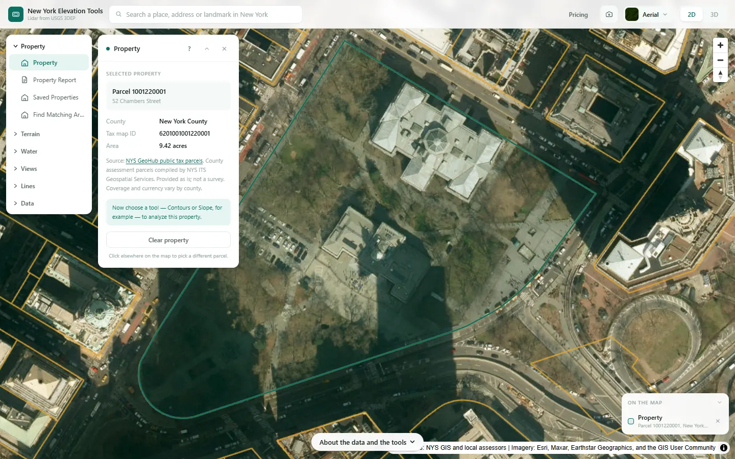 The parcel outlined in green, with its tax map ID, county and acreage in the panel
