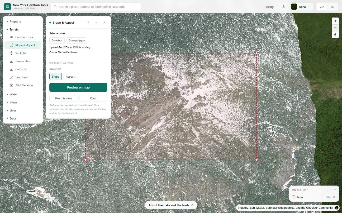 The Slope & Aspect panel with an area drawn over the Mount Marcy summit area