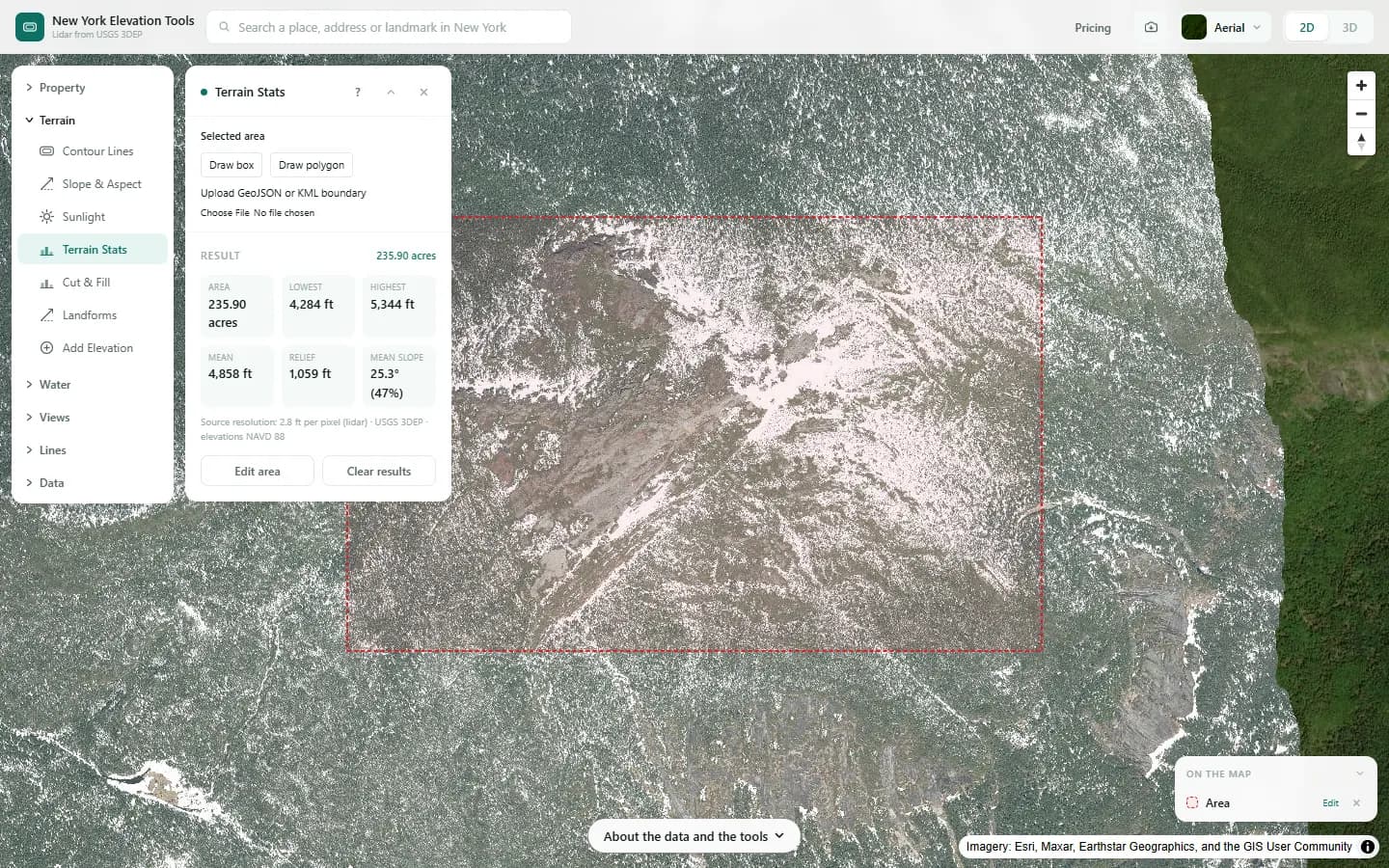 Terrain Stats results: area, minimum, maximum, mean, elevation range and mean slope