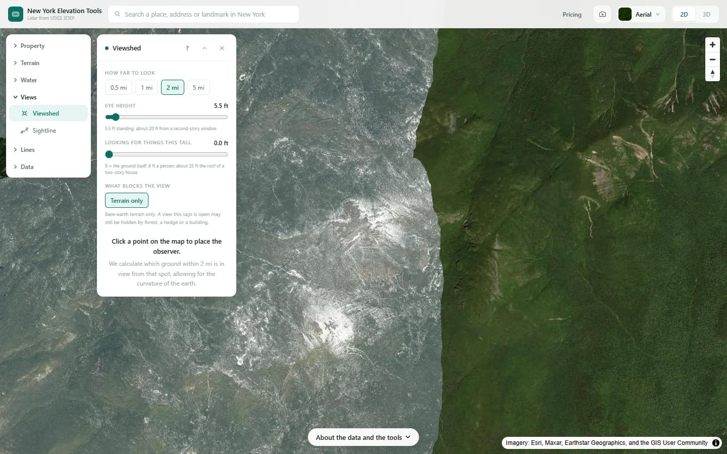 The Viewshed panel with range, eye height and target height settings