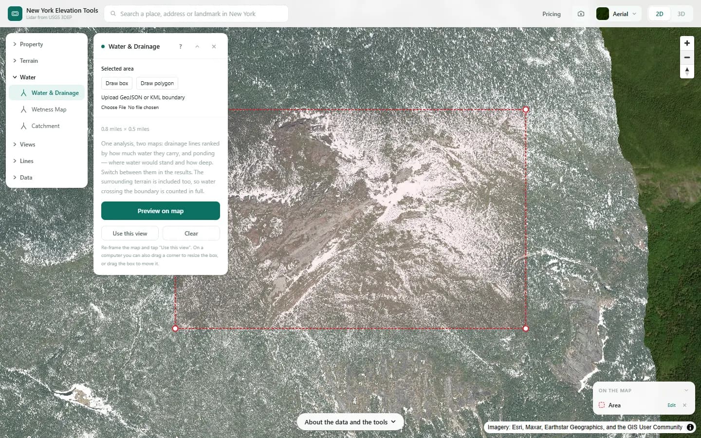 The Water & Drainage panel with an area over the Mount Marcy summit area