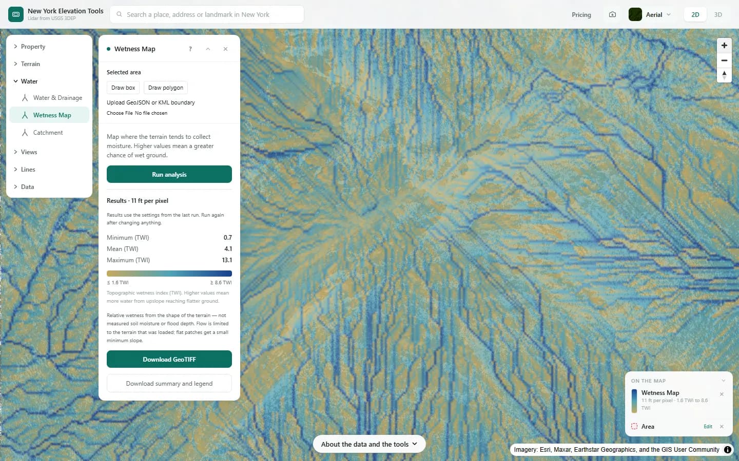 A close-up of the wetness map with blue drainage lines